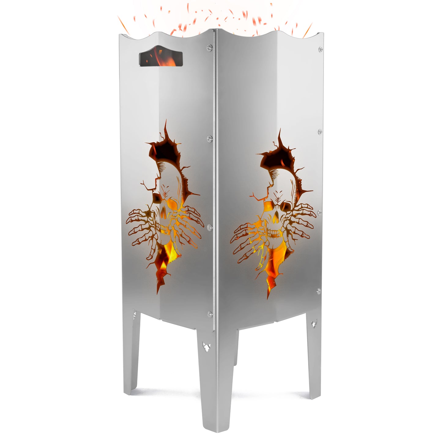 Freisteller der FENNEK Feuersäule mit einem gelasertem Totenkopfschädel-Motiv.