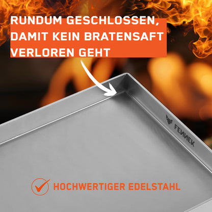 Detailbild zeigt die FENNEK Plancha 40 x 30 cm geschlossen mit verschweißten Ecken und Vorderkante mit Fokus auf die Ecke. Diese sind rundum geschlossen, damit kein Bratensaft verloren geht.