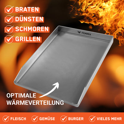 Bild zeigt die FENNEK Plancha 40 x 30 cm geschlossen mit verschweißten Ecken und Vorderkante. Sie ist geeignet zum Braten, Dünsten, Schmoren und Grillen. Durch ihre optimale Wärmeverteilung ist sie geeignet für Fleisch, Gemüse, Burger und vieles mehr. Hergestellt in Deutschland überzeugt sie von ihrer Qualität.