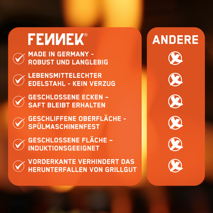 Bild zeigt die wichtigsten Merkmale der FENNEK Plancha 40 x 30 cm geschlossen mit verschweißten Ecken und Vorderkante auf einen Blick im Vergleich zur Konkurrenz. Made in Germany, robust und langlebig. Durch die komplett geschlossene Fläche ist sie induktionsgeeignet und es geht kein Bratensaft verloren. 
