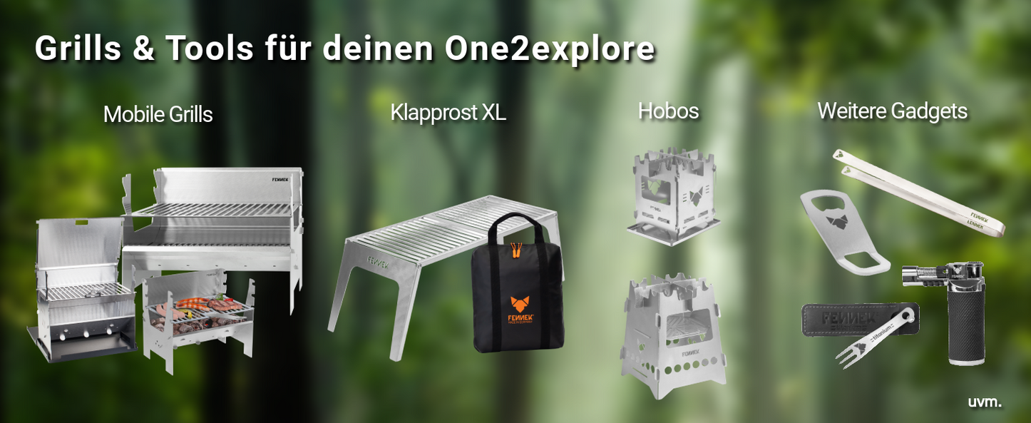 Bild zeigt die passende Grills und Tools für den FENNEK Backpack One2explore, unter anderem sind die mobilen Grills, die Hobos und weitere Gadgets von FENNEK abgebildet.