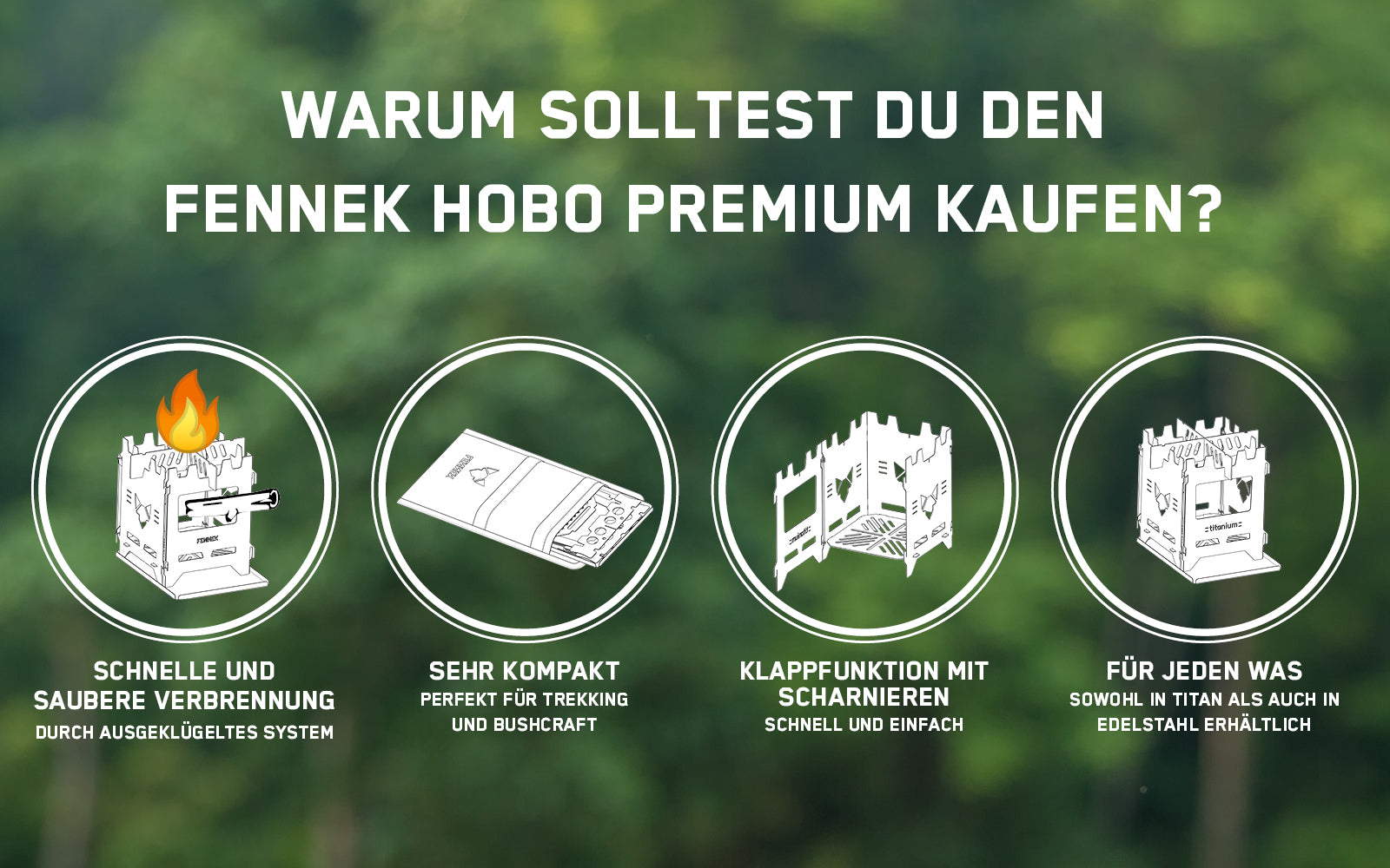 Detaillierte Symbolbilder, die die nützlichen Funktionen und Fakten des FENNEK Hobo Premium erläutern.