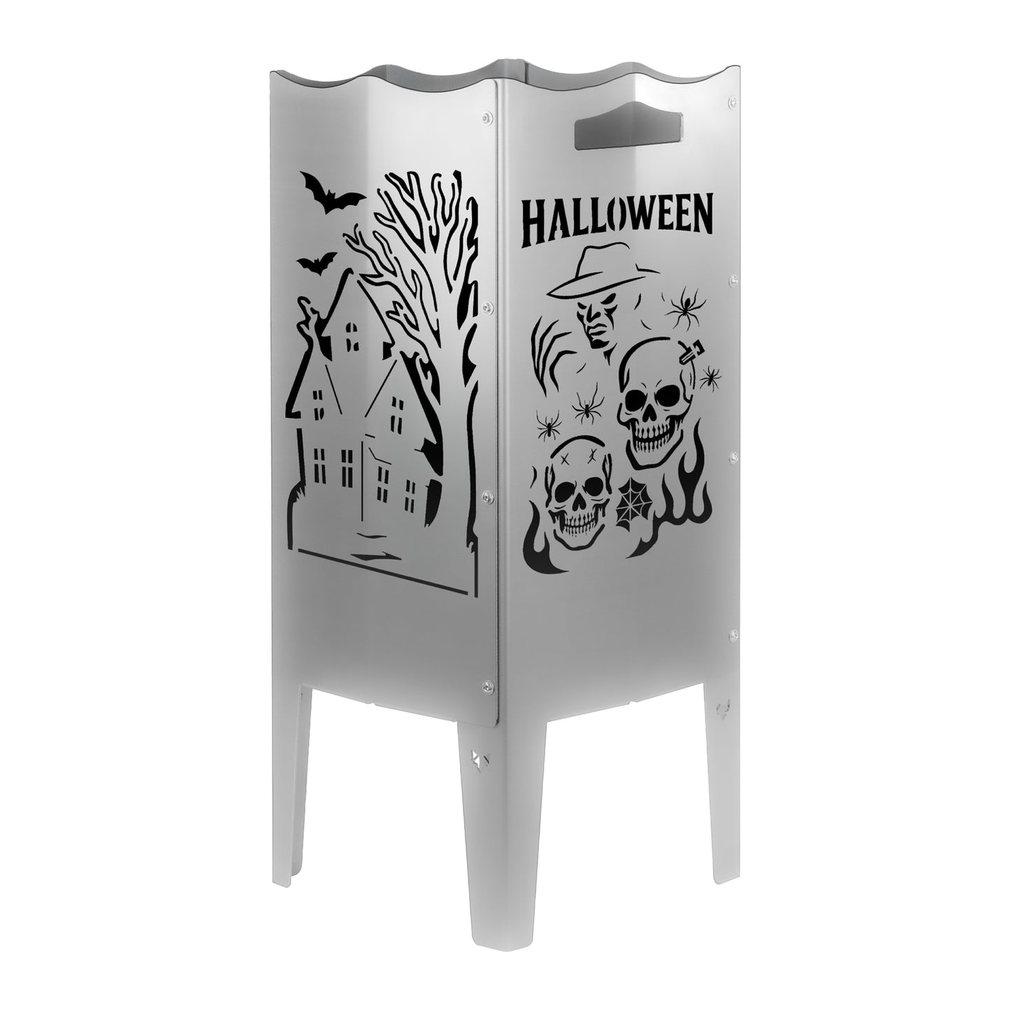 Feuersäule aus Stahl oder Edelstahl mit verschiedenen Motiven und Bildern. Hergestellt in Deutschland. Wählbare Motive. Halloween Bilder auf Feuersäule. 