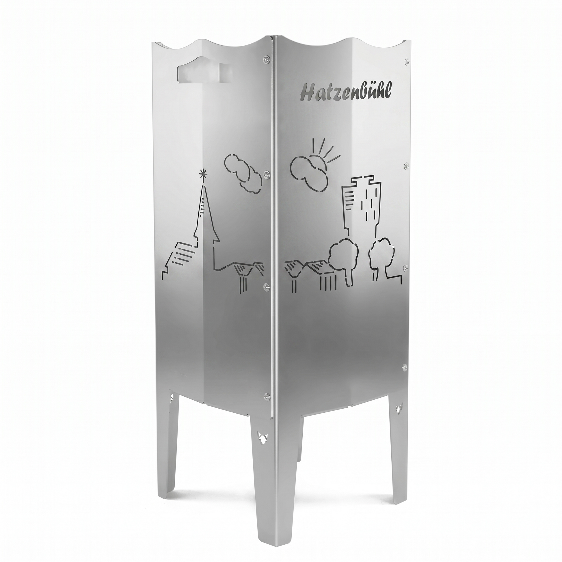 FENNEK Feuersäule aus Edelstahl oder Stahl. Made in Germany. Motiv Hatzenbühl, für Hatzebehler aus Hatzebehl!