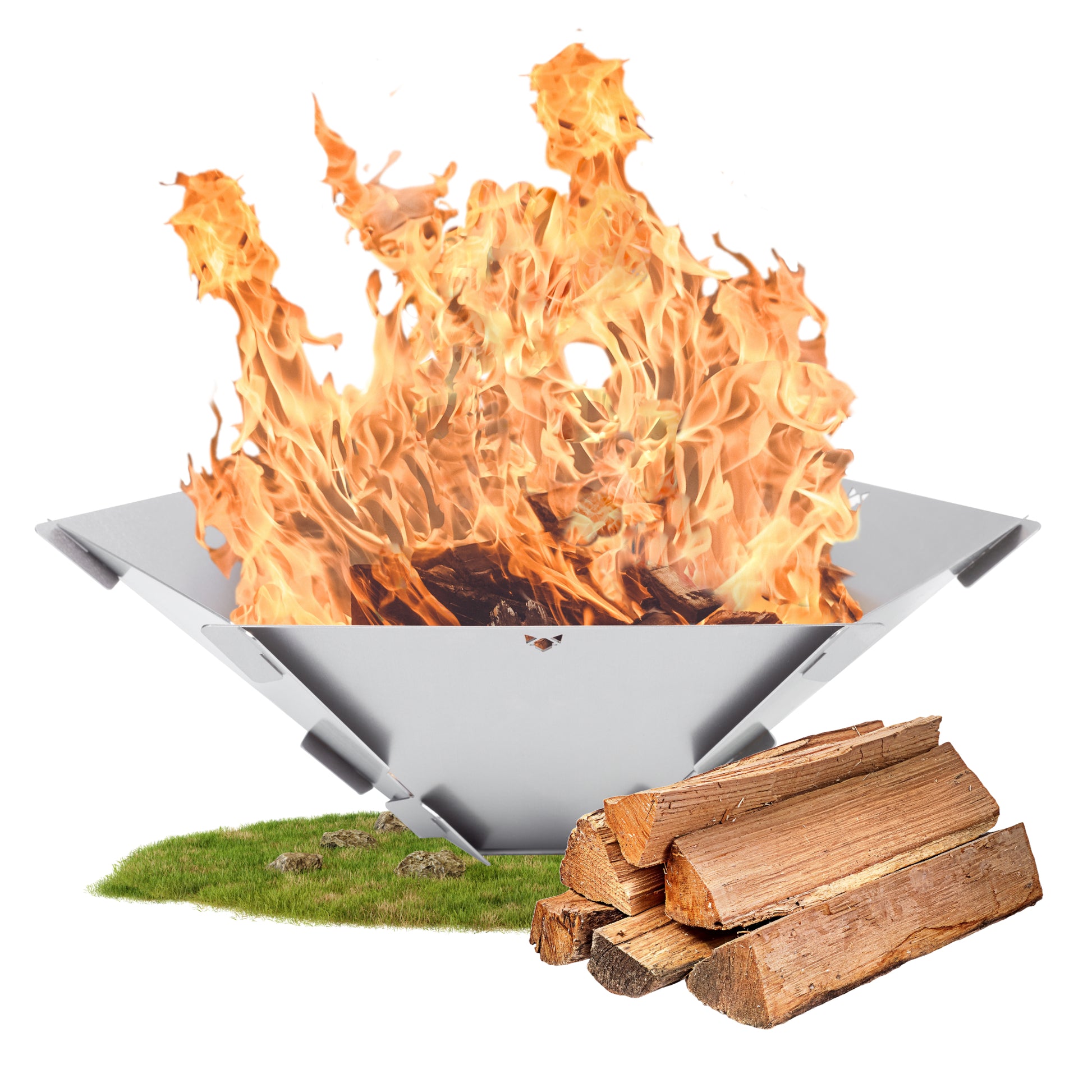 Freisteller von der FENNEK Feuerschale Hexagon mit Feuerholz und Feuer