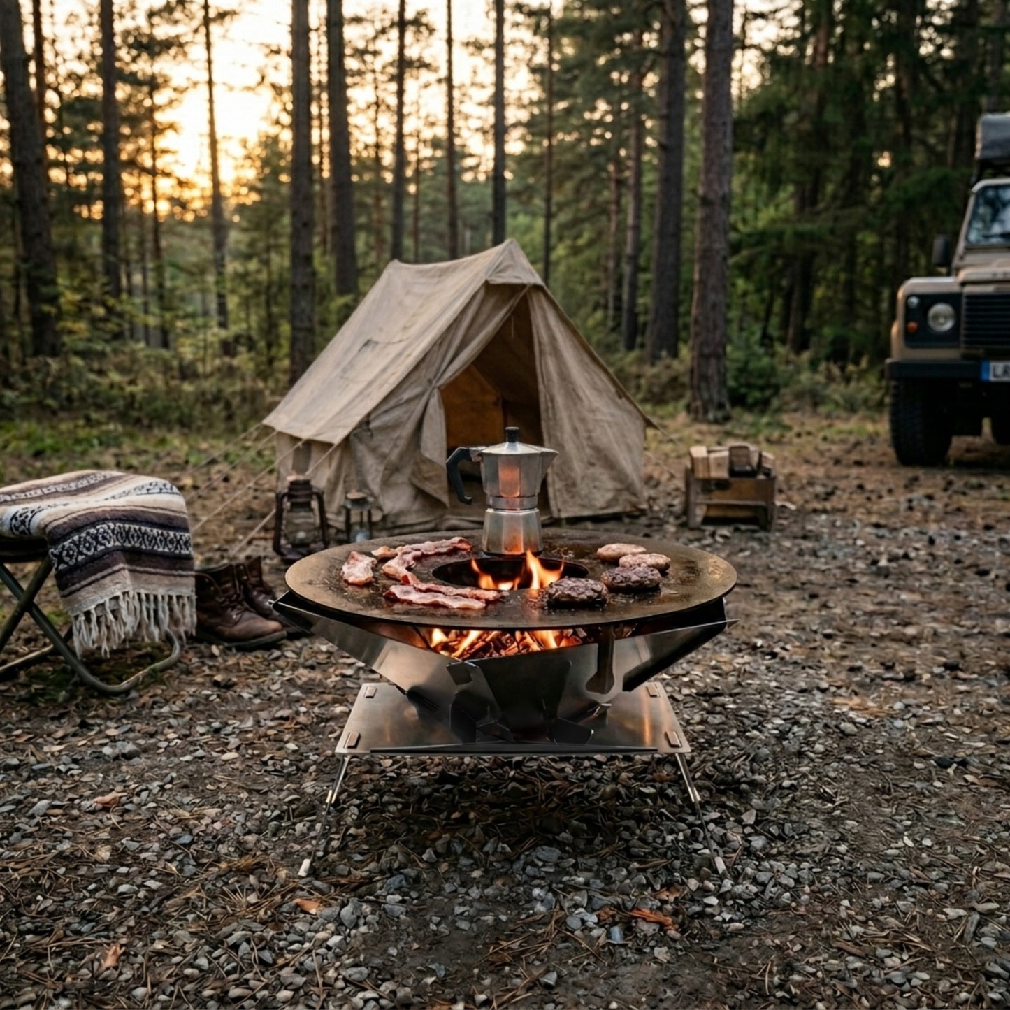 Auf einem kleinen unbewachsenem Stückchen Wald steht die Feuerschale Hexagon umgeben von Camping Ausrüstung. Die Feuerschale wurde mit den Universal Abstandshaltern und der 55er Feuerplatte zu einem Grill erweitert. Das Stand Up sorgt dafür, dass die Feuerschale einen sicheren Stand hat und dass der Waldboden nicht verbrennt.