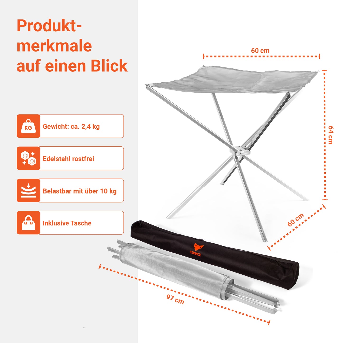Die Infografik zeigt die Produktmerkmale vom FENNEK High Fire aus Edelstahl auf einen Blick. Das Feuernetz ist leicht, hat eine Fläche von 60 x 60 cm, eine Höhe von 64 cm, wiegt 2,4 kg und ist mit über 10 kg belastbar. Außerdem sieht man das High Fire auch im demontiertem Zustand neben der dazugehörigen Tasche.