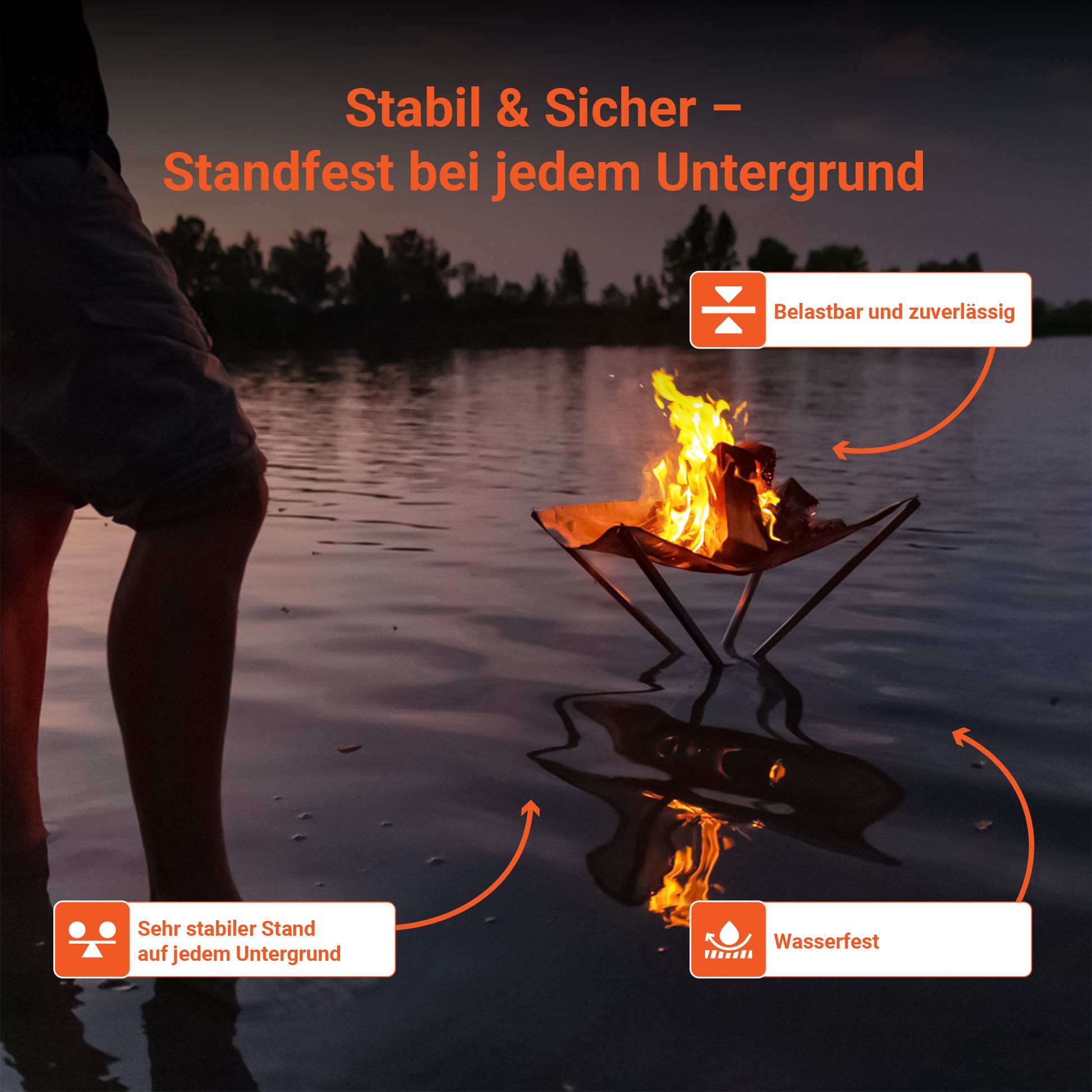 Die Infografik zeigt das FENNEK High Fire aufgestellt in einem See während im Hintergrund die Sonne untergeht. Es scheint so als ob das Feuer über dem Wasser schweben würde. Das High Fire ist belastbar, zuverlässig, wasserfest und hat einen sehr stabilen Stand auf jedem Untergrund.