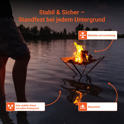 Die Infografik zeigt das FENNEK High Fire aufgestellt in einem See während im Hintergrund die Sonne untergeht. Es scheint so als ob das Feuer über dem Wasser schweben würde. Das High Fire ist belastbar, zuverlässig, wasserfest und hat einen sehr stabilen Stand auf jedem Untergrund.
