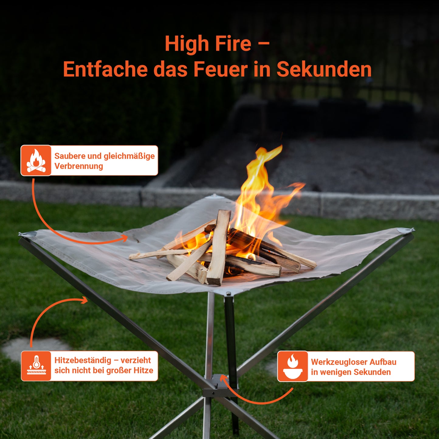 Das FENNEK High Fire ermöglicht dir eine saubere und gleichmäßige Verbrennung. Dabei ist es hitzebeständig und verzieht sich nicht. Der Aufbau ist werkzeuglos und dauert nur wenige Minuten. 