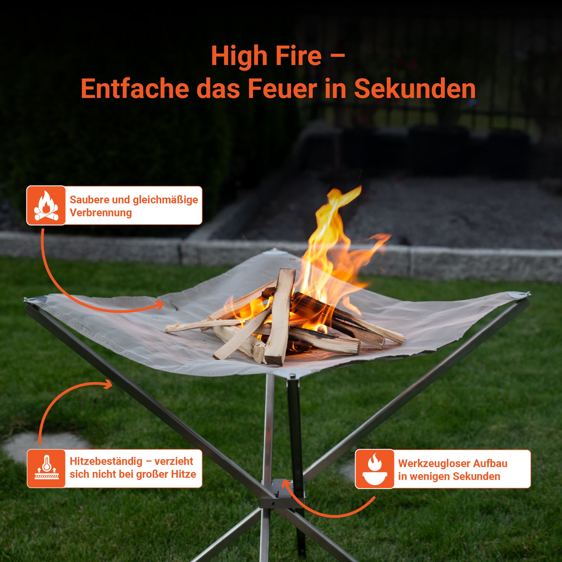 Das FENNEK High Fire ermöglicht dir eine saubere und gleichmäßige Verbrennung. Dabei ist es hitzebeständig und verzieht sich nicht. Der Aufbau ist werkzeuglos und dauert nur wenige Minuten. 