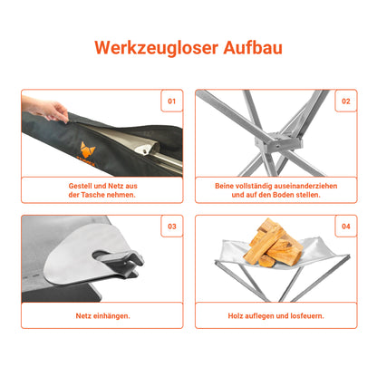 Infografik zeigt, dass sich das FENNEK High Fire werkzeuglos aufbauen lässt. Dafür muss man nur die Beine vollständig auseinanderziehen und auf den Boden stellen. Dann wird das Netz eingehängt und schon kann man Holz auflegen und losfeuern.