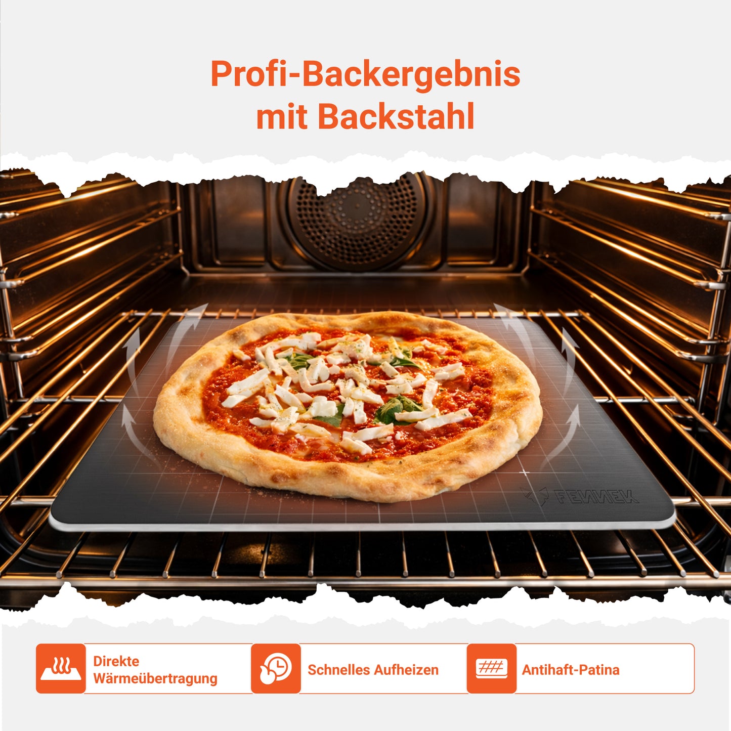 Mit dem FENNEK Backstahl erzielst du Backergebnisse wie ein Profi. Er ermöglicht eine direkte Wärmeübertragung, hat eine kurze Aufheizzeit und eine Antihaft-Patina. So gelingt die Pizza wie im Restaurant. 