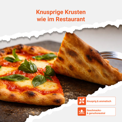 Infografik vom FENNEK Backstahl zeigt das Pizzen besonders knusprig gelingen. Dabei ist der Backstahl geschmacks- und geruchsneutral und Made in Germany.