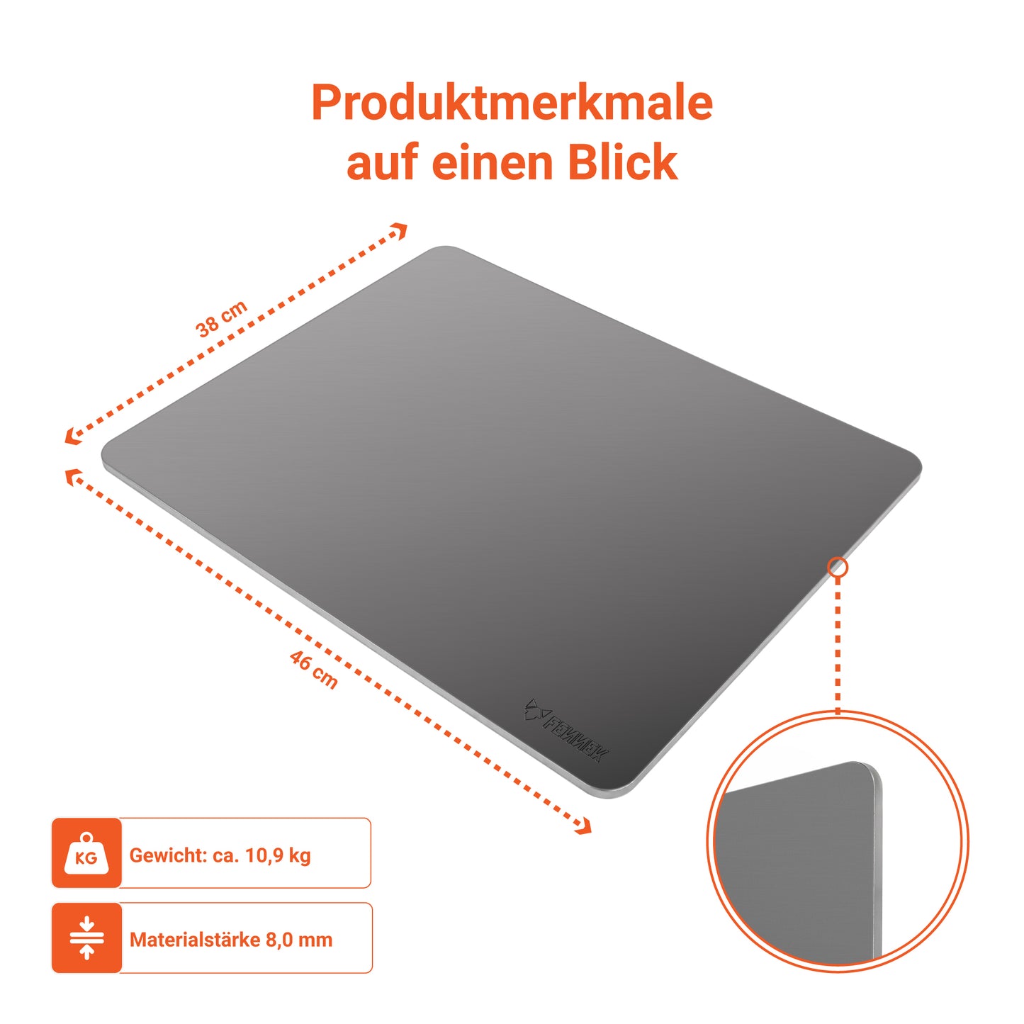 Infografik vom FENNEK Backstahl zeigt die Produktmerkmale auf einen Blick: Maße 46 x 38 cm, 8 mm dicker und lebensmittelechter Stahl und ca. 11 kg.