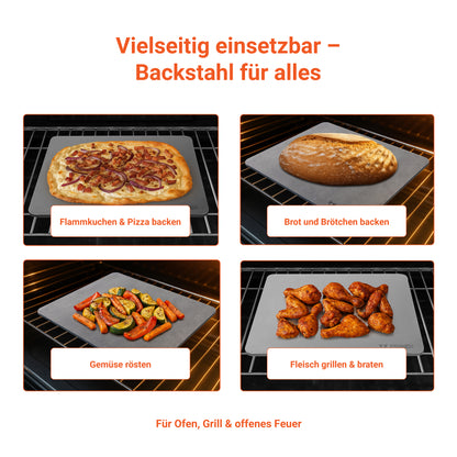 Infobild vom FENNEK Backstahl zeigt wie vielseitig einsetzbar er ist: Ob Flammkuchen, Pizza, Brot und Brötchen backen oder Gemüse rösten und Fleisch grillen. Der Backstahl eignet sich für den Ofen, Grill und offenes Feuer.