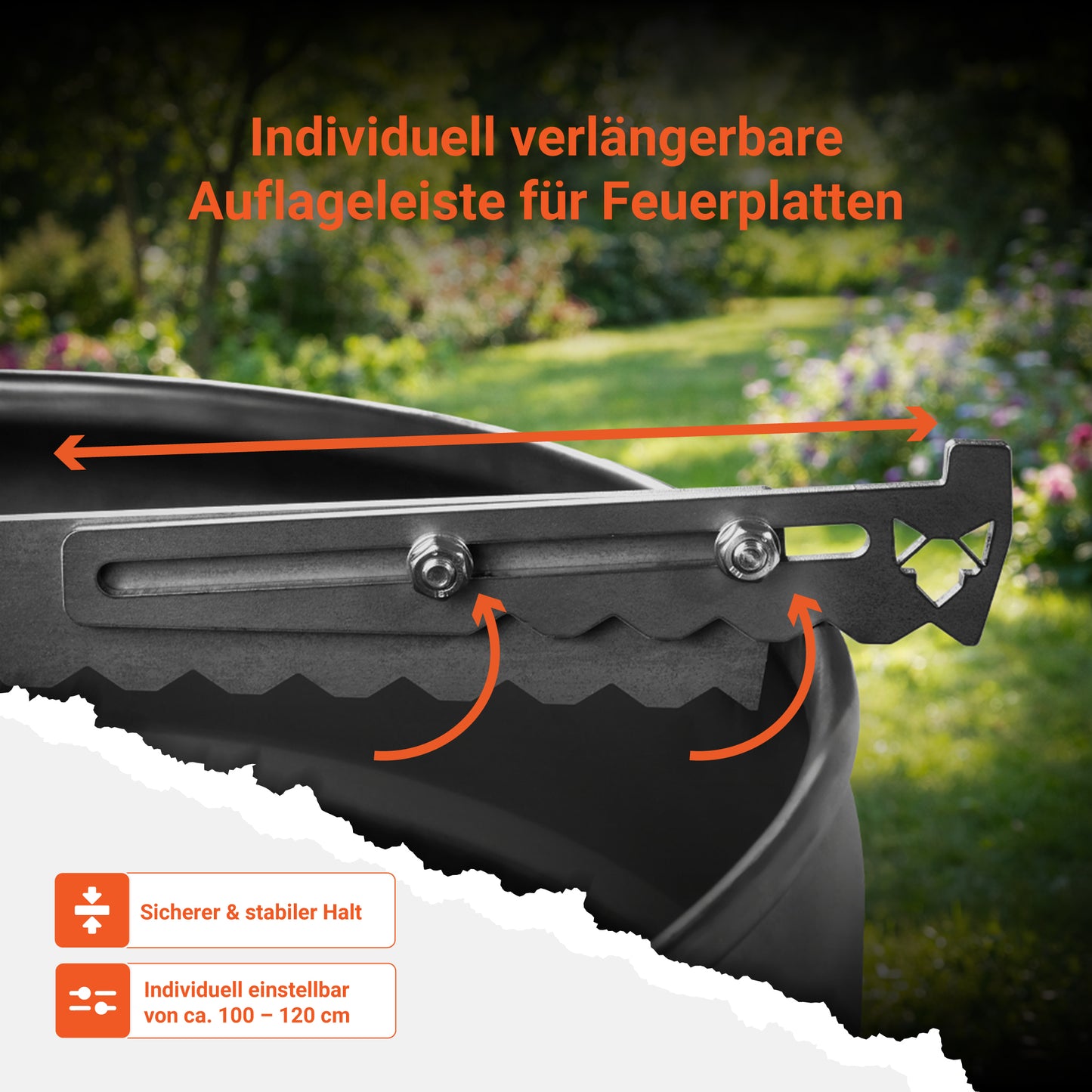 Detailaufnahme der FENNEK verlängerten Auflageleiste für Feuerplatten zeigt, dass sie sicher auf dem Rand einrastet und dass die Feuerplatte vom Halter fixiert wird und dadurch nicht mehr verrutschen kann. Sie bietet der Feuerplatte selbst bei im extrem heißen Zustand jederzeit einen sicheren und festen Halt. Die Auflageleiste individuell einstellbar für Feuerplatten von ca. 100 - 120 cm.