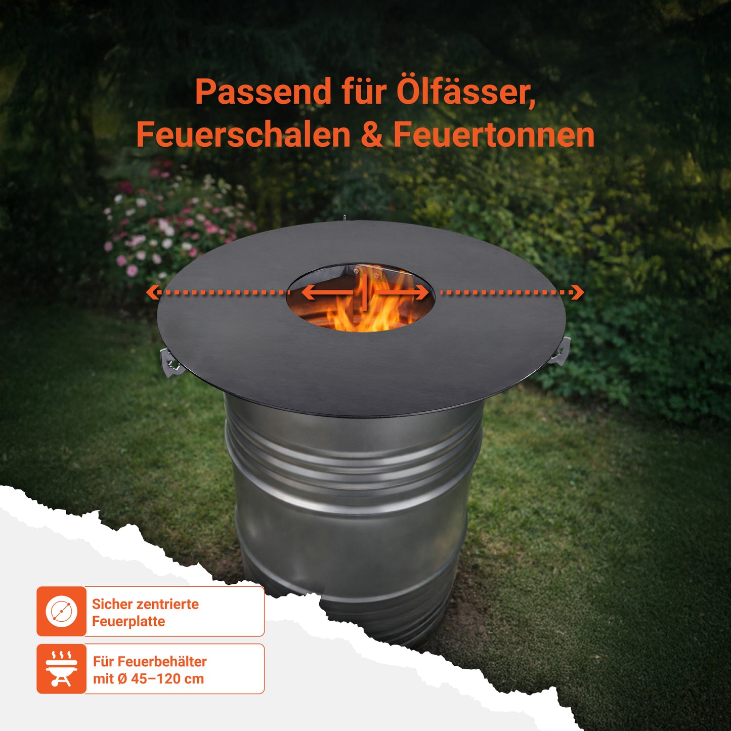 Bild zeigt die FENNEK verstellbare Auflageleiste für Feuerplatten cm auf der Feuertonne. Die Tonne steht in einem schönen Garten. Die FENNEK Auflageleiste ist die perfekte Ergänzung für deine Feuerplatte und bietet einen stabilen und sicheren Halt. Die massive Stahlkonstruktion ist außerdem Made in Germany.