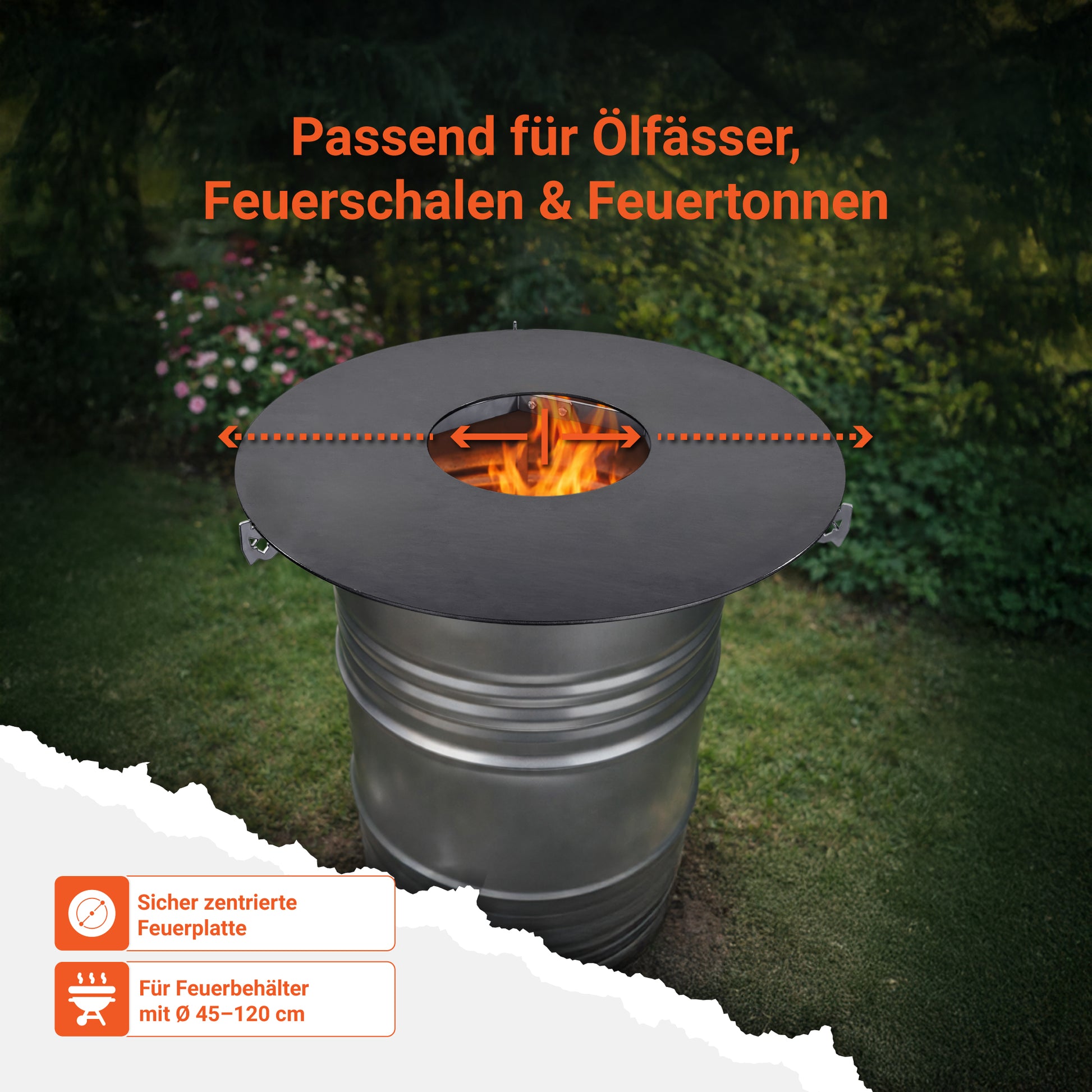Bild zeigt die FENNEK verstellbare Auflageleiste für Feuerplatten cm auf der Feuertonne. Die Tonne steht in einem schönen Garten. Die FENNEK Auflageleiste ist die perfekte Ergänzung für deine Feuerplatte und bietet einen stabilen und sicheren Halt. Die massive Stahlkonstruktion ist außerdem Made in Germany.
