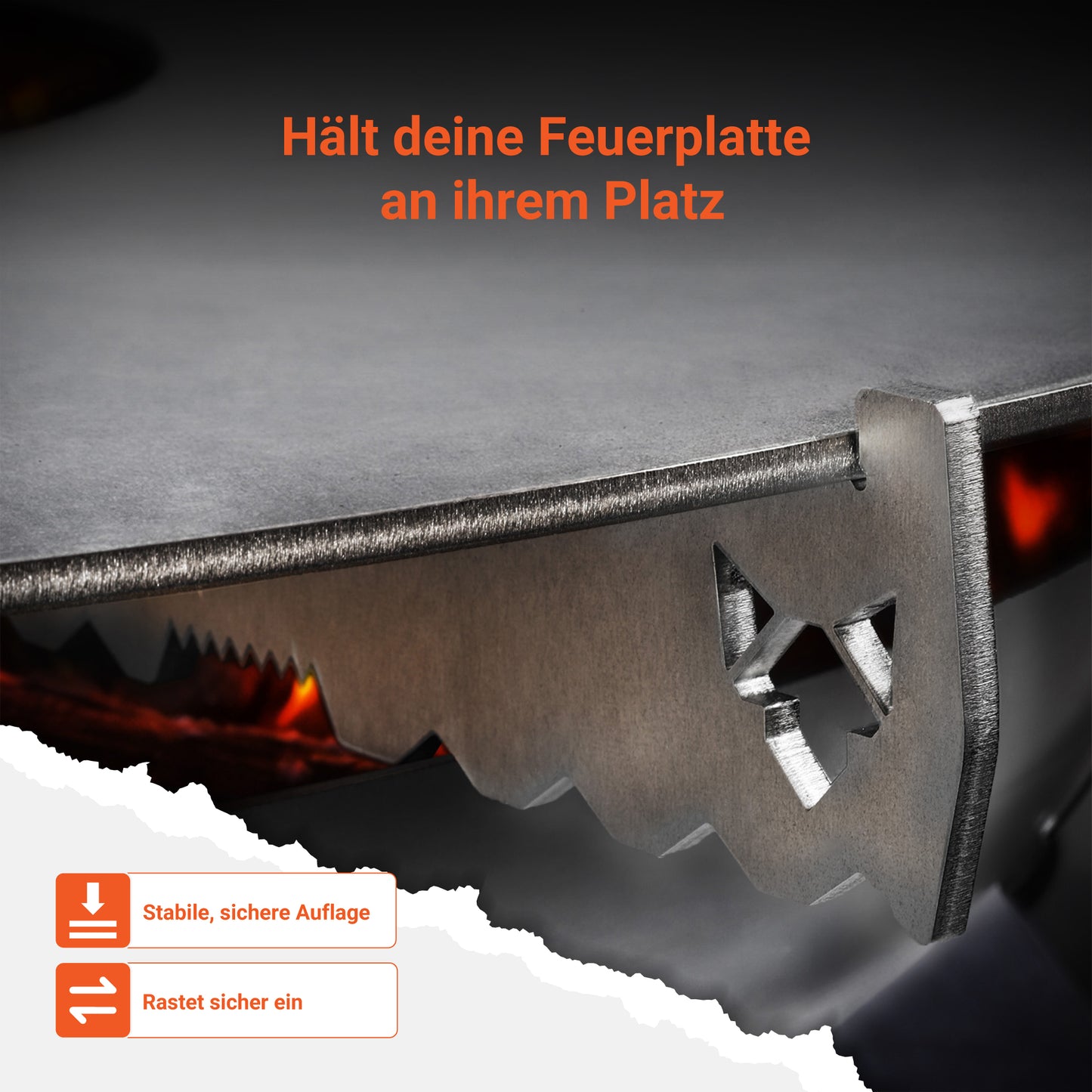 Detailaufnahme der FENNEK verstellbaren Auflageleiste für Feuerplatten zeigt , dass sie sicher auf dem Rand einrastet und dass die Feuerplatte vom Halter fixiert wird und dadurch nicht mehr verrutschen kann. Sie bietet der Feuerplatte selbst bei im extrem heißen Zustand jederzeit einen sicheren und festen Halt.