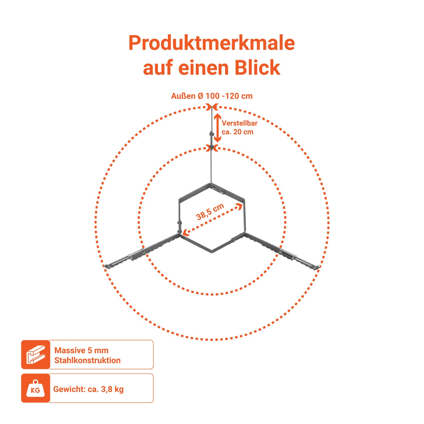 Bild zeigt die Produktmerkmale der FENNEK verstellbaren Auflageleiste für Feuerplatten von 100 - 120 cm Ø mit den entsprechenden Maßen auf einen Blick. Dank des 5 mm massivem Stahl ist sie sehr robust und hitzebeständig. 