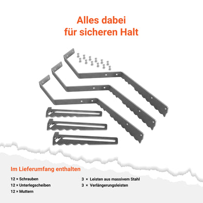 Freisteller der FENNEK verstellbaren Auflageleiste für Feuerplatten im demontiertem Zustand. Der Lieferumfang besteht aus drei Leisten, drei Verlängerungsleisten, zwölf Schrauben, zwölf Muttern und zwölf Unterlegscheiben.