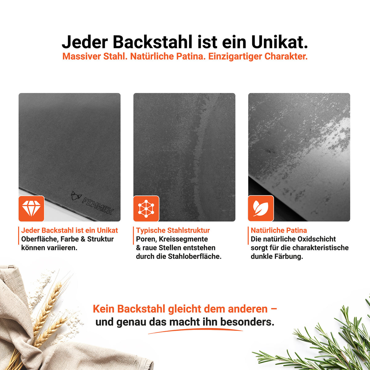 Infografik zum FENNEK Backstahl mit Nahaufnahmen der individuellen Stahloberfläche. Sie zeigt natürliche Unterschiede in Farbe, Struktur und Patina, die durch die typische Stahloberfläche und Oxidation entstehen.