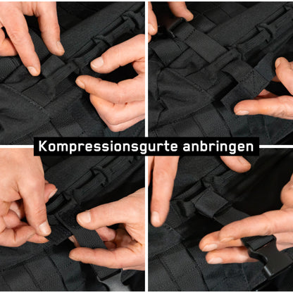 Anwendungsbeschreibung der Kompressionsgurte des Backpacks One2explorebezüglich der individuellen Anbringung.