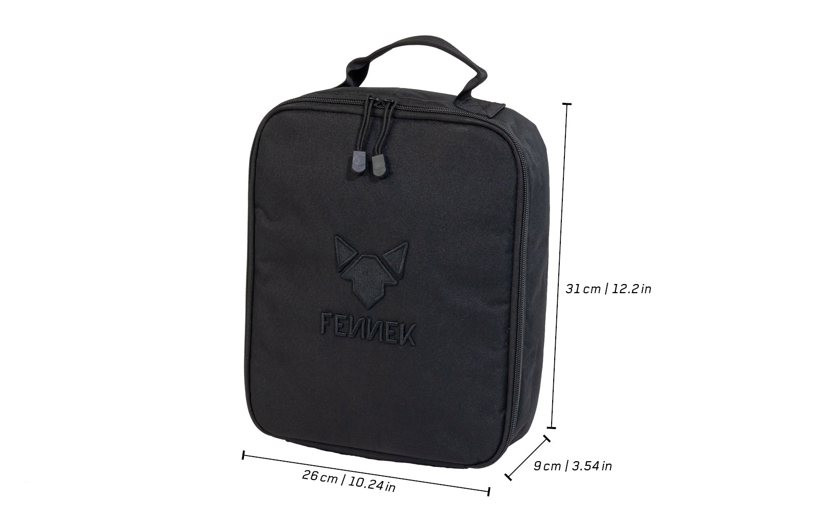 Freisteller der FENNEK Kühltasche mit angegebenen Maßen der Höhe, Breite und Tiefe.