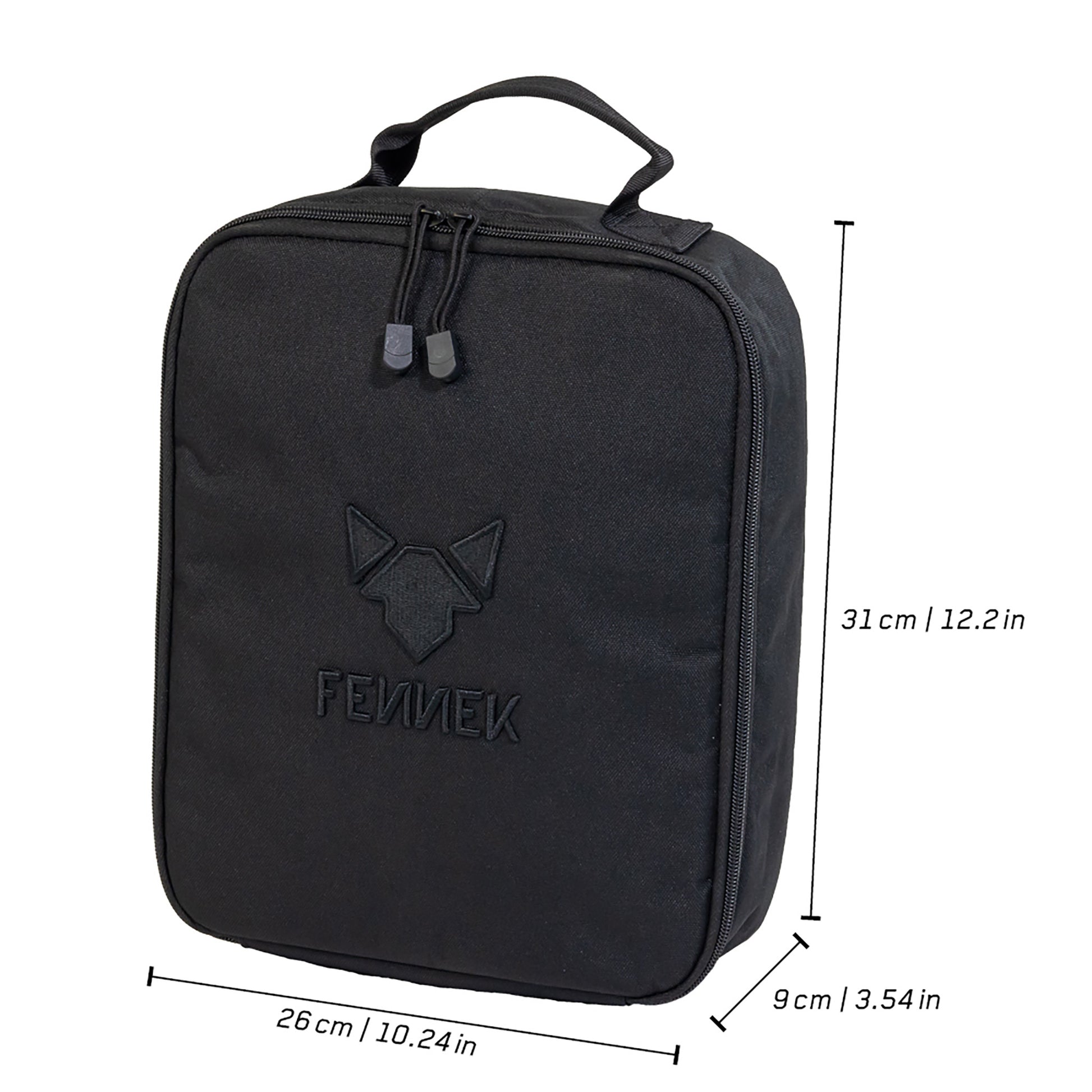 Freisteller der FENNEK Kühltasche mit angegebenen Maßen der Höhe, Breite und Tiefe.