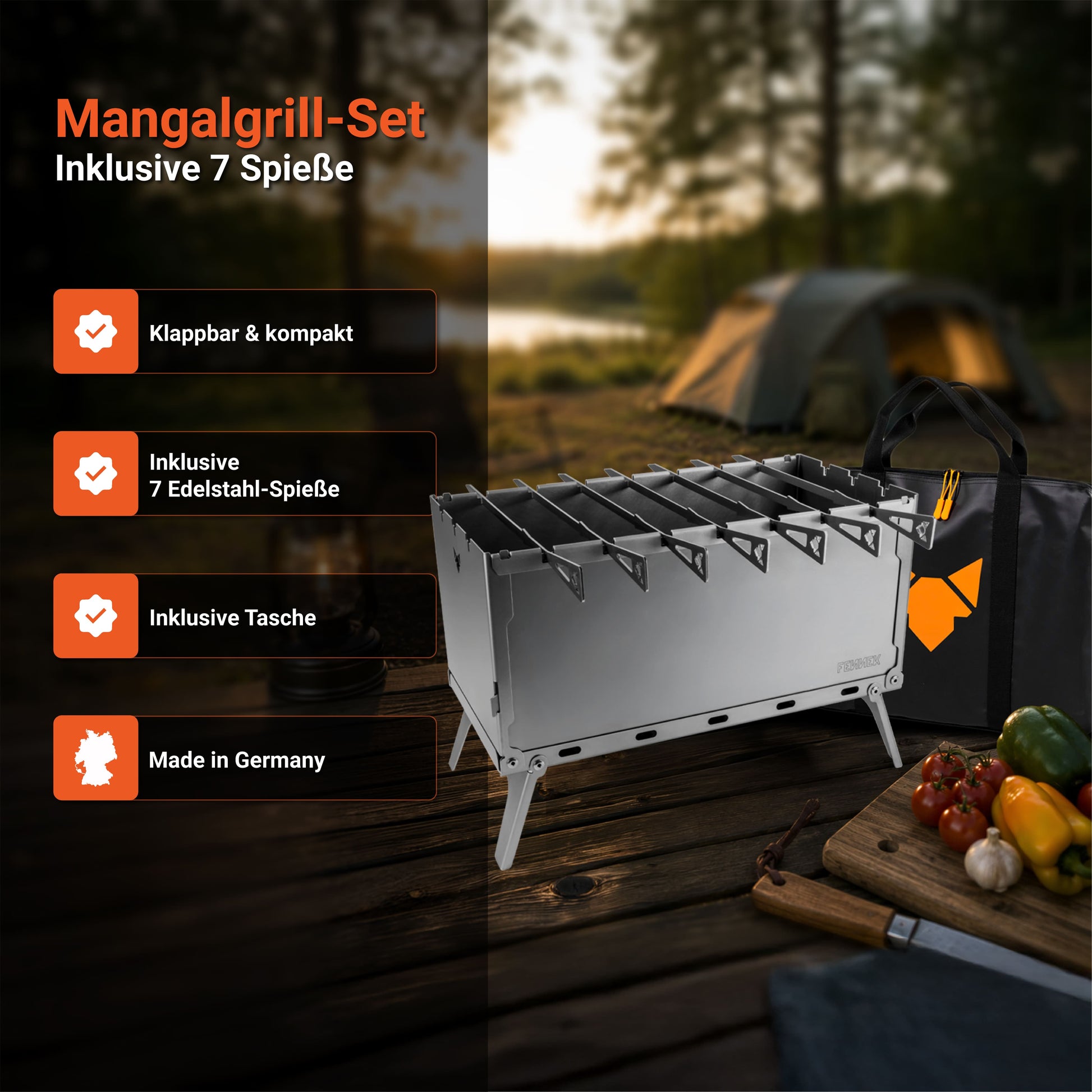 FENNEK Mangalgrill-Set Banner mit Produktvorteilen wie klappbar, inklusive 7 Edelstahl-Spießen und Tasche beim Camping
