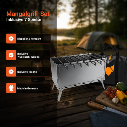 FENNEK Mangalgrill-Set Banner mit Produktvorteilen wie klappbar, inklusive 7 Edelstahl-Spießen und Tasche beim Camping