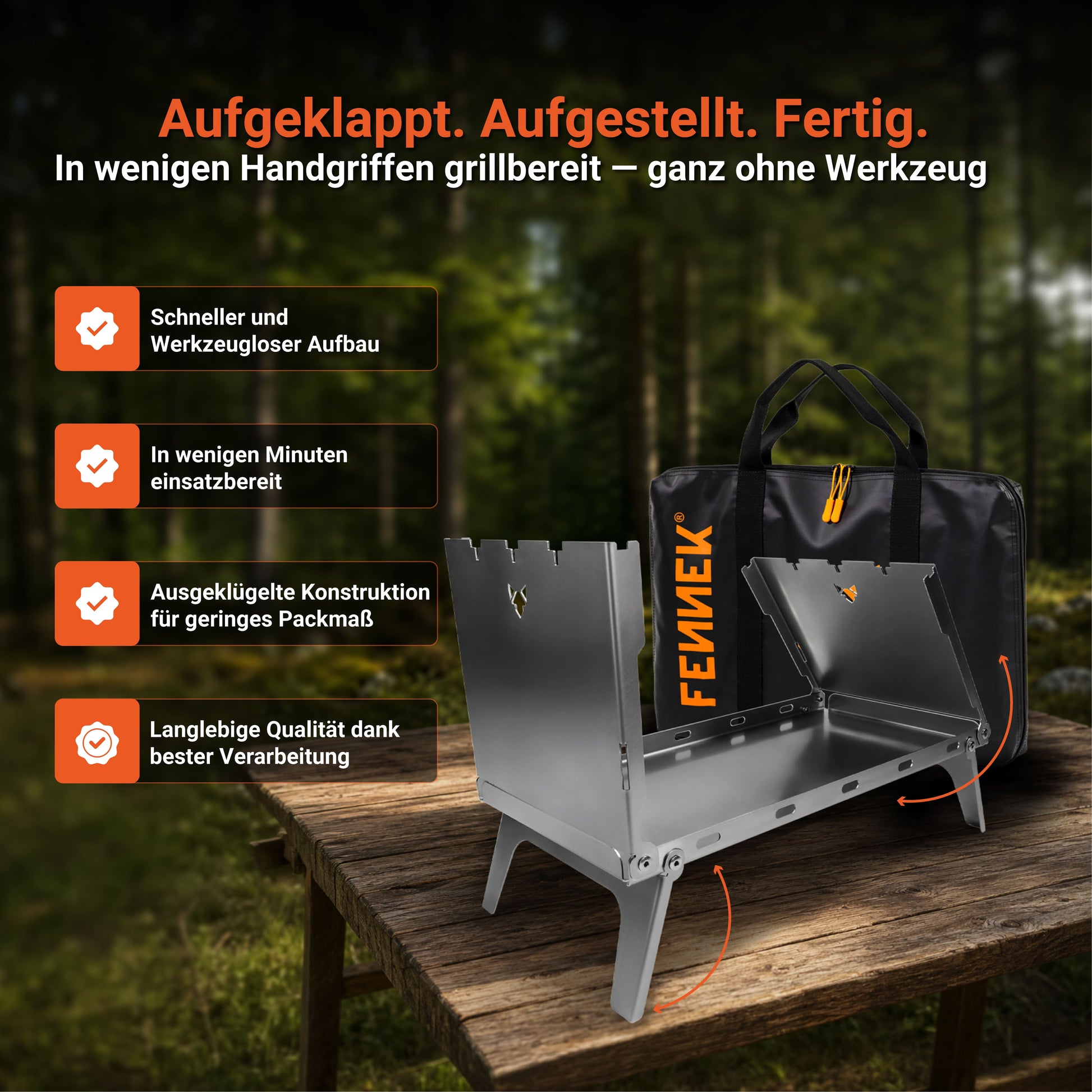 FENNEK Mangal Grill beim werkzeuglosen Aufbau mit Hinweisen zu schneller Einsatzbereitstellung und geringem Packmaß