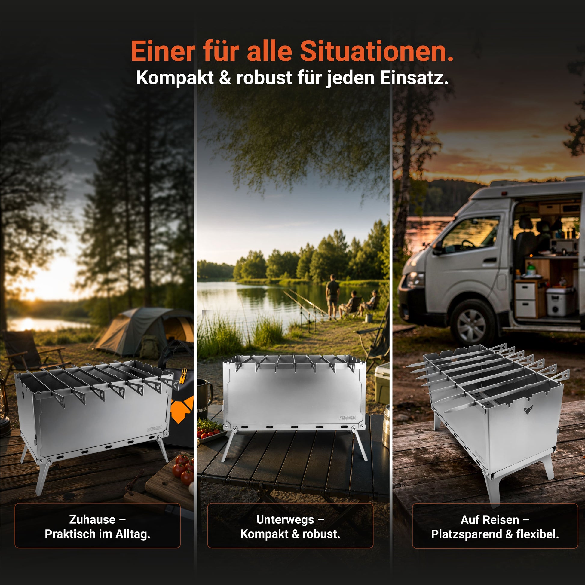 FENNEK Mangal Grill Anwendungsbereiche in einer dreigeteilten Collage für Zuhause im Alltag, unterwegs beim Camping und auf Reisen mit Wohnmobil