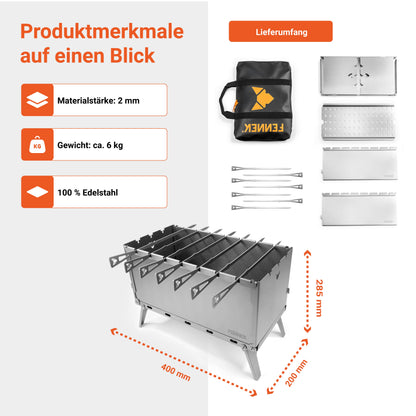 FENNEK Mangal Grill Produktdetails und Maße mit Produktmerkmalen und Lieferumfang inklusive Tasche und Spießen