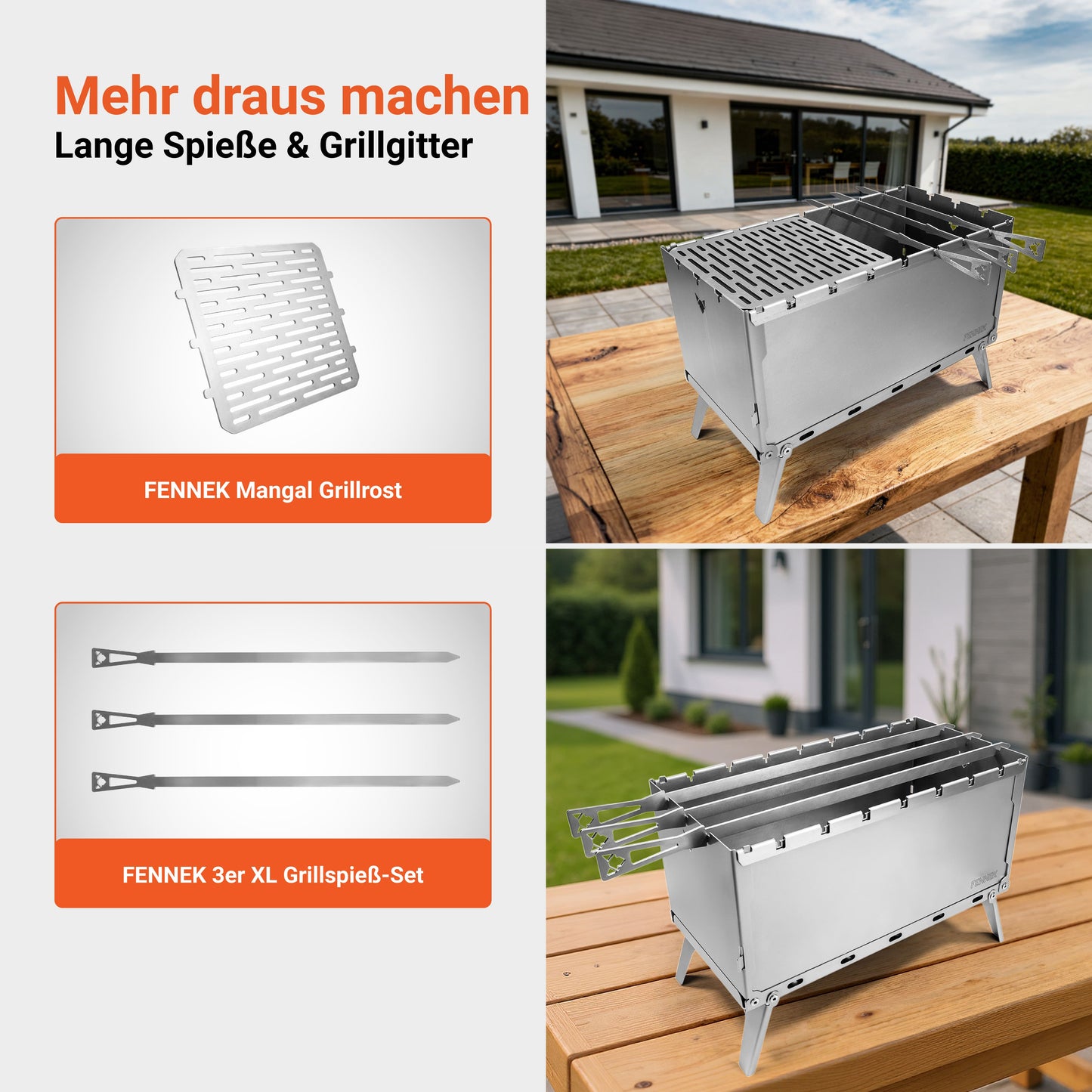FENNEK Mangal Grill Zubehör-Präsentation mit FENNEK Mangal Grillrost und FENNEK 3er XL Grillspieß-Set auf einer Gartenterrasse