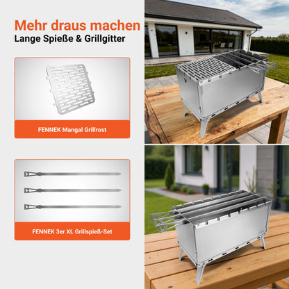 FENNEK Mangal Grill Zubehör-Präsentation mit FENNEK Mangal Grillrost und FENNEK 3er XL Grillspieß-Set auf einer Gartenterrasse