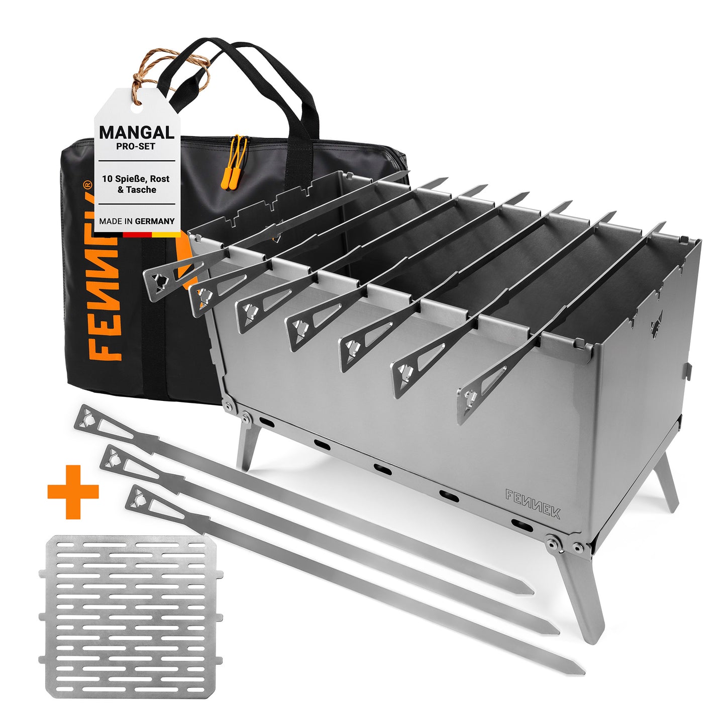 FENNEK Mangal Schaschlik-Grill im Pro-Set mit Grill, extra Spieße und Tragetasche, freigestellt auf weißem Hintergrund