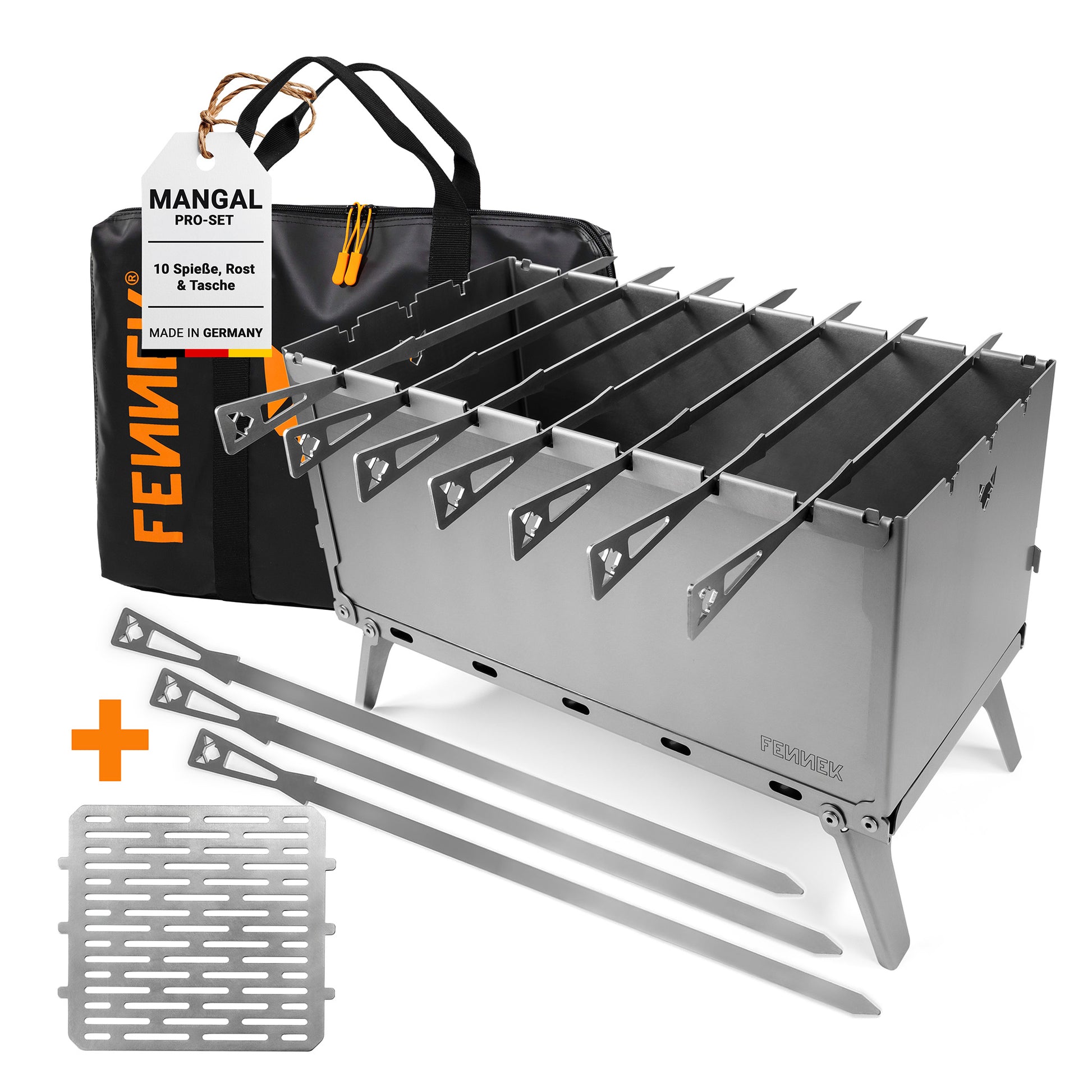 FENNEK Mangal Schaschlik-Grill im Pro-Set mit Grill, extra Spieße und Tragetasche, freigestellt auf weißem Hintergrund
