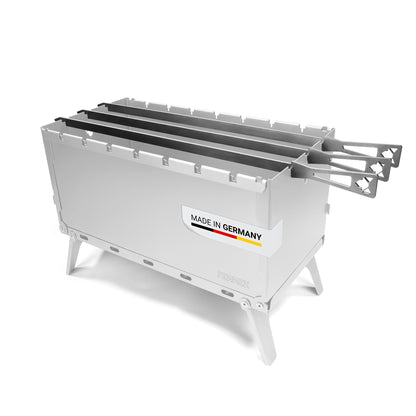 FENNEK Mangal Grill mit eingelegtem Grillrost und montierten Spießhaltern sowie "Made in Germany" Aufkleber