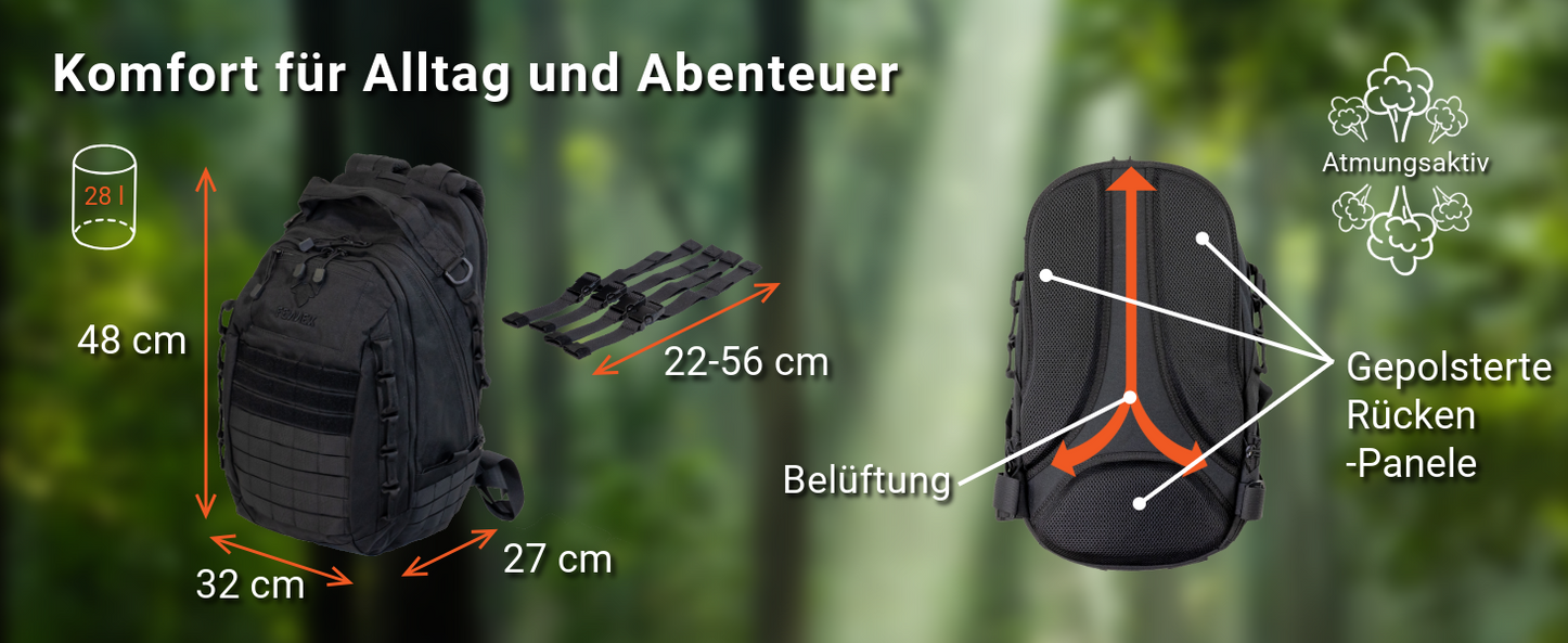 Bild zeigt die Maße vom FENNEK Backpack One2explore und weitere Features wie die gepolsterten Rücken-Panele.