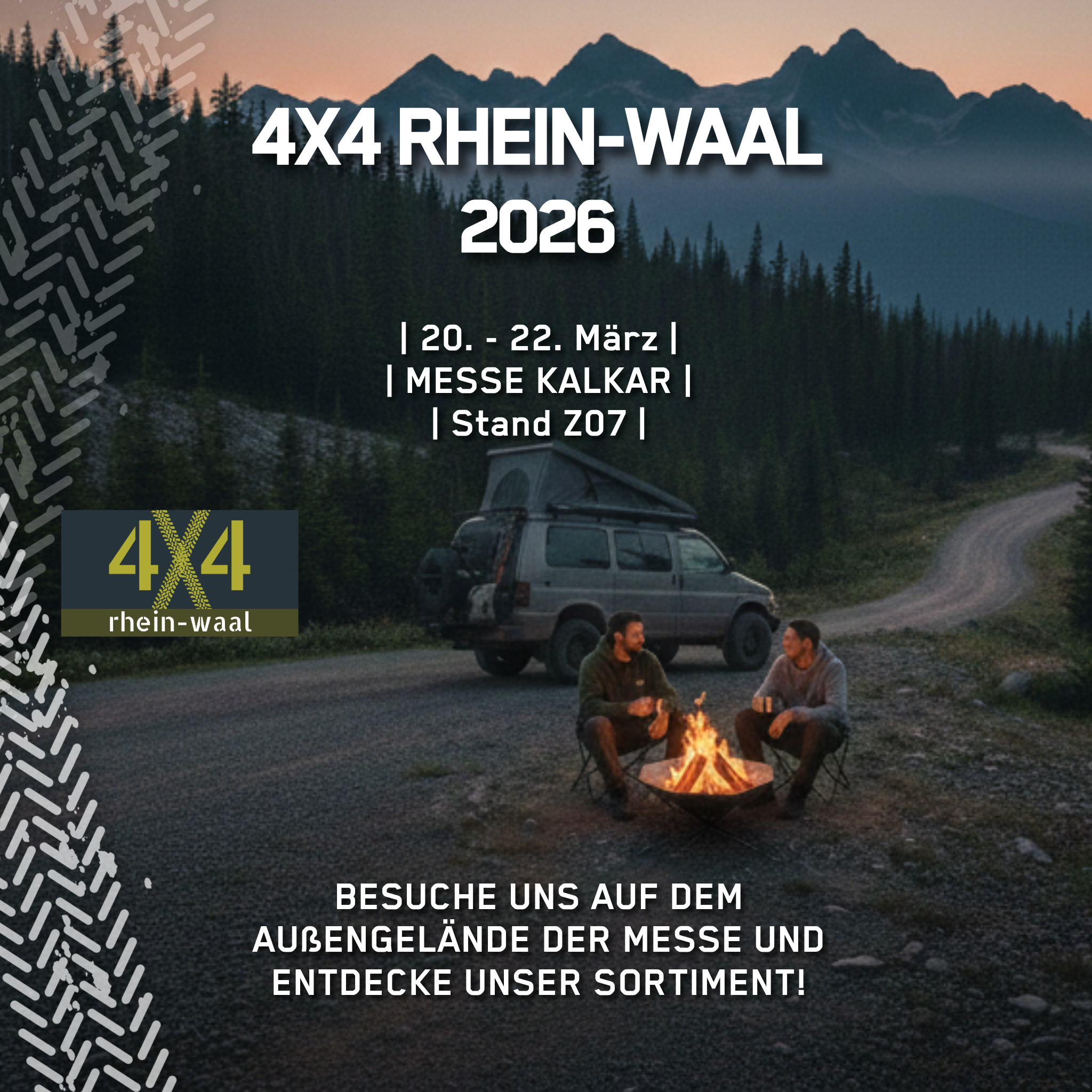 Sonnenuntergang in den Bergen, zwei Männer an einer Feuerschale vor einem Van. Messe Anküdigung 4x4 Rhein-Waal 2026. 20.-22.03.2026, Messe Kalkar, Stand Z07. Besucht uns auf dem Messegelände und entdeckt unser Sortiment.