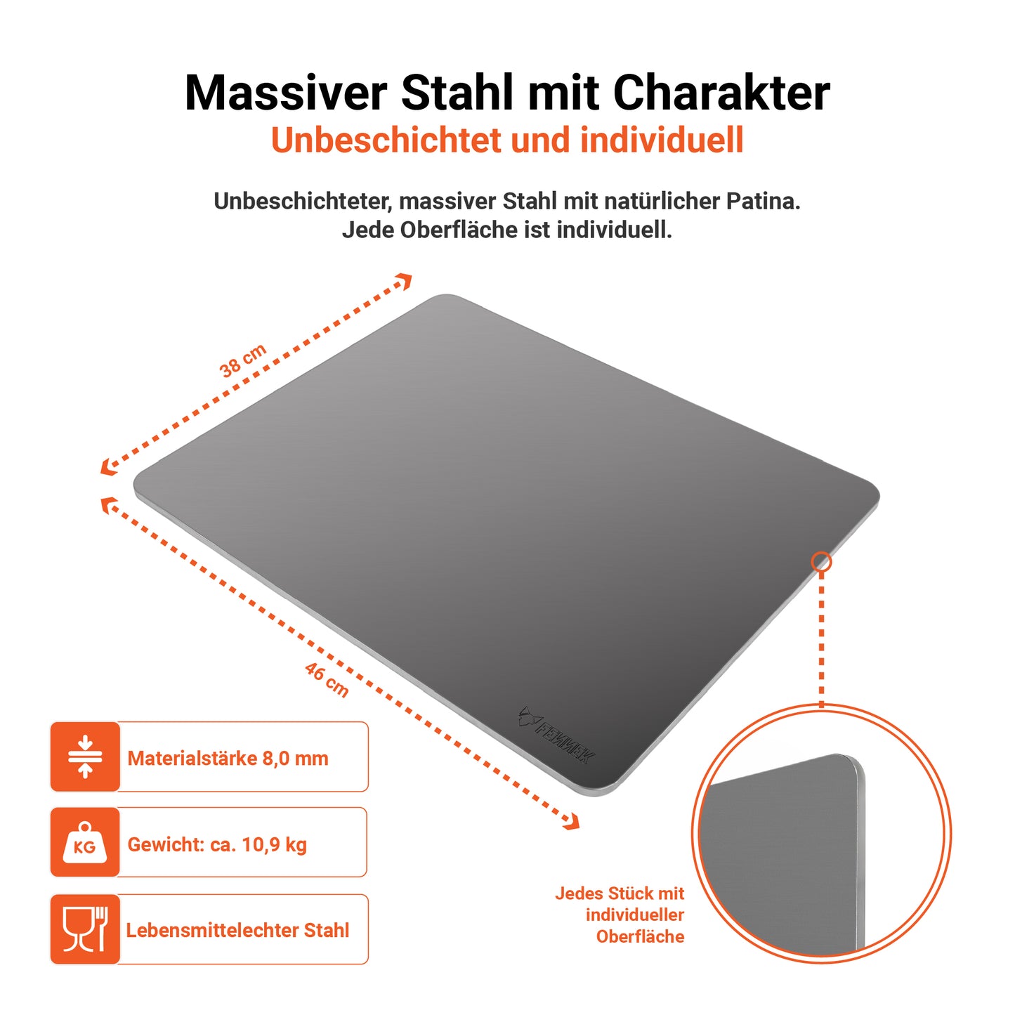 Infografik vom FENNEK Backstahl zeigt die Produktmerkmale auf einen Blick: Maße 46 x 38 cm, 8 mm dicker und lebensmittelechter Stahl und ca. 11 kg.