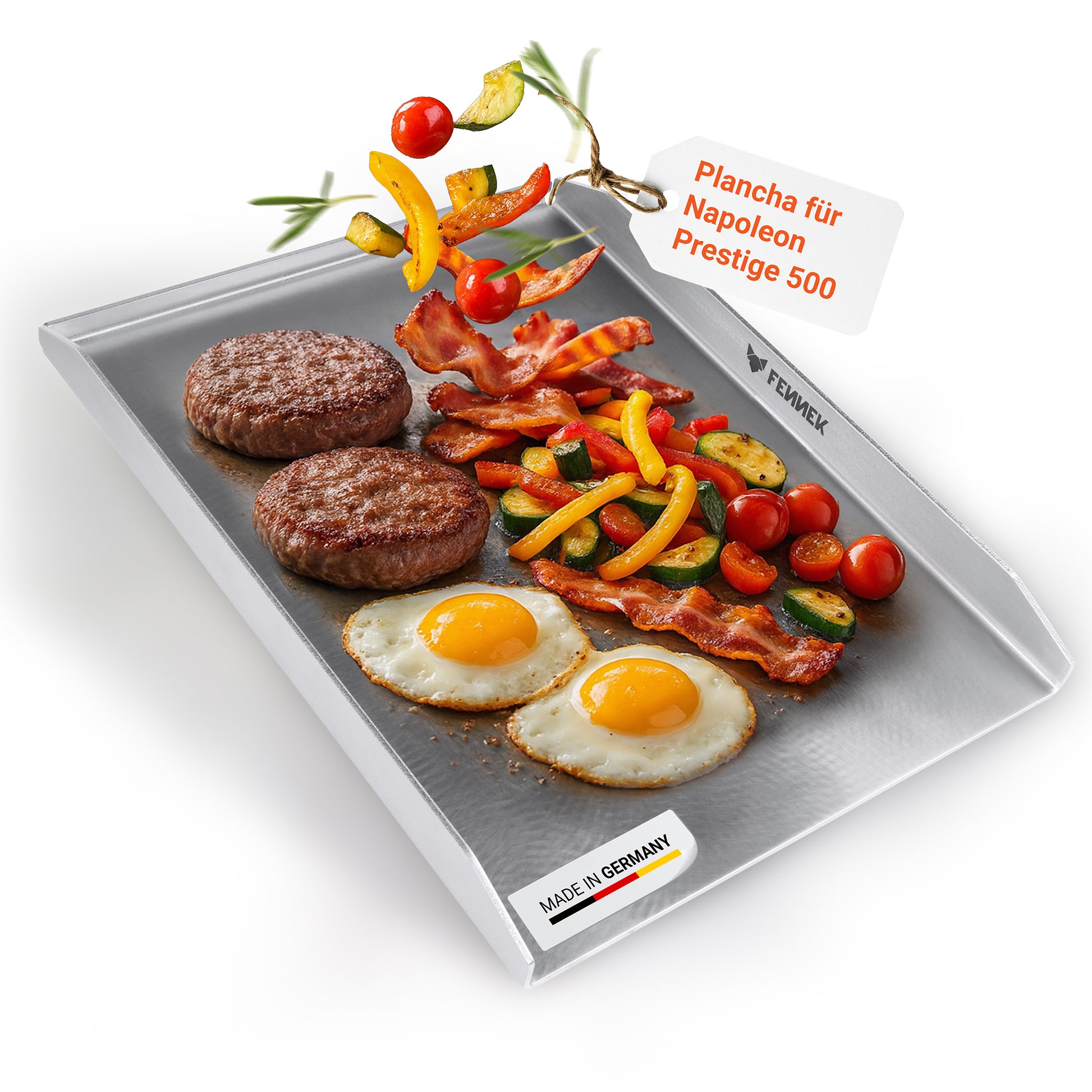 Titelbild der FENNEK Plancha für den Napoleon Prestige 500 - dargestellt mit saftig gebratenen Grillgut.