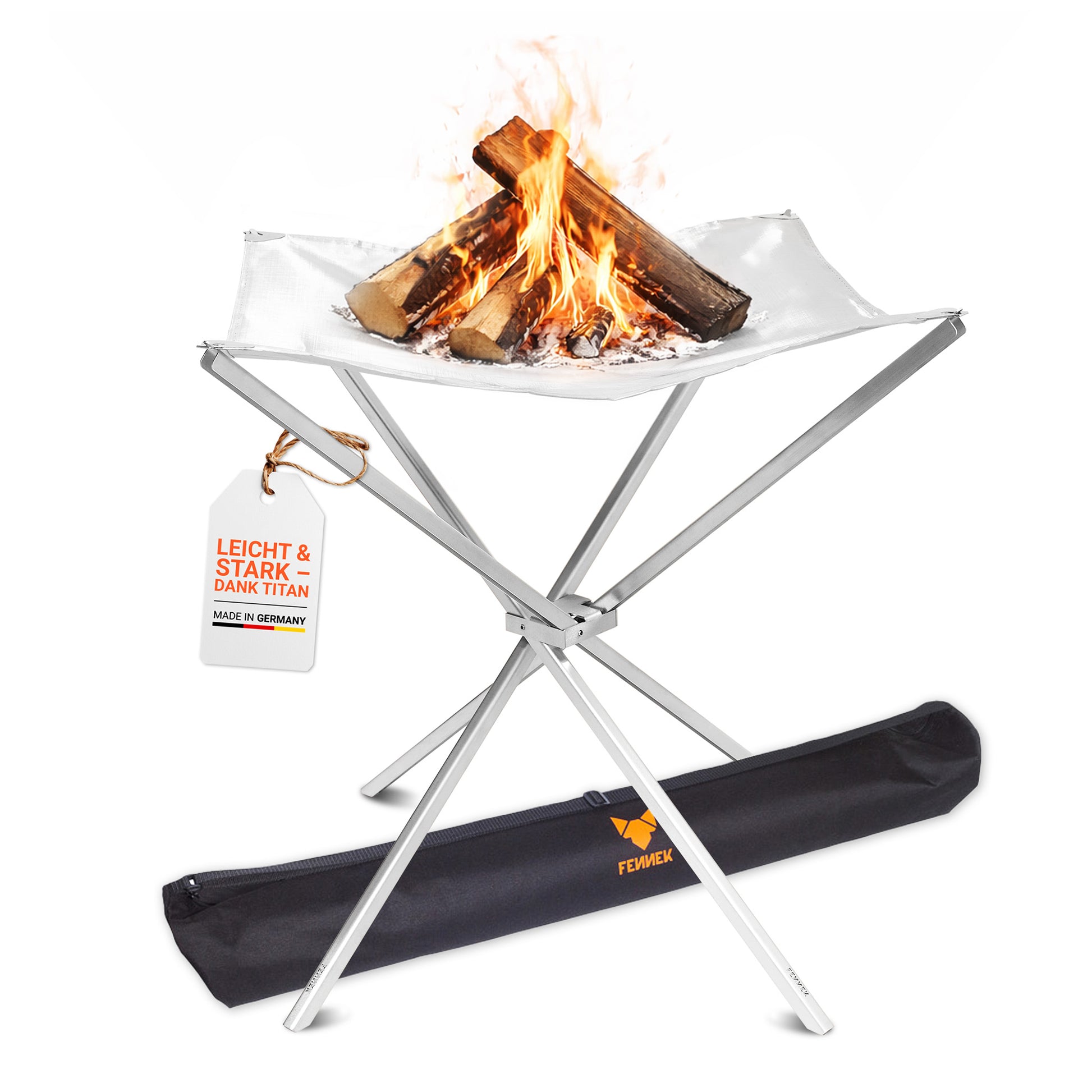 Freisteller vom FENNEK High Fire aus Titan. Dank seines Materials ist es leicht und stark. Im Lieferumfang enthalten ist auch die Tasche, in welcher das High Fire ganz einfach verstaut werden kann.