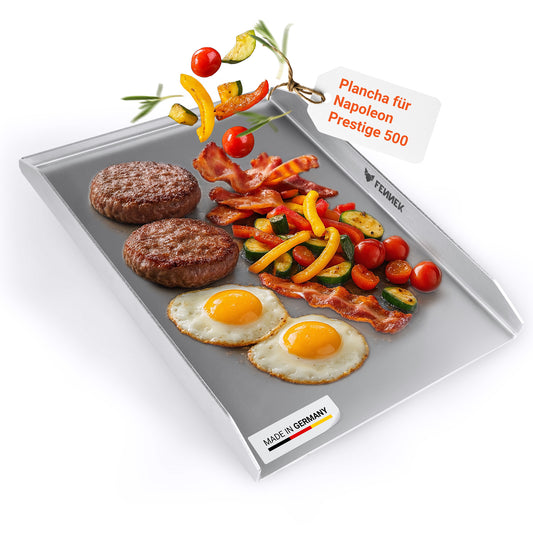 Titelbild der FENNEK Plancha für den Napoleon Prestige 500 - dargestellt mit saftig gebratenen Grillgut.