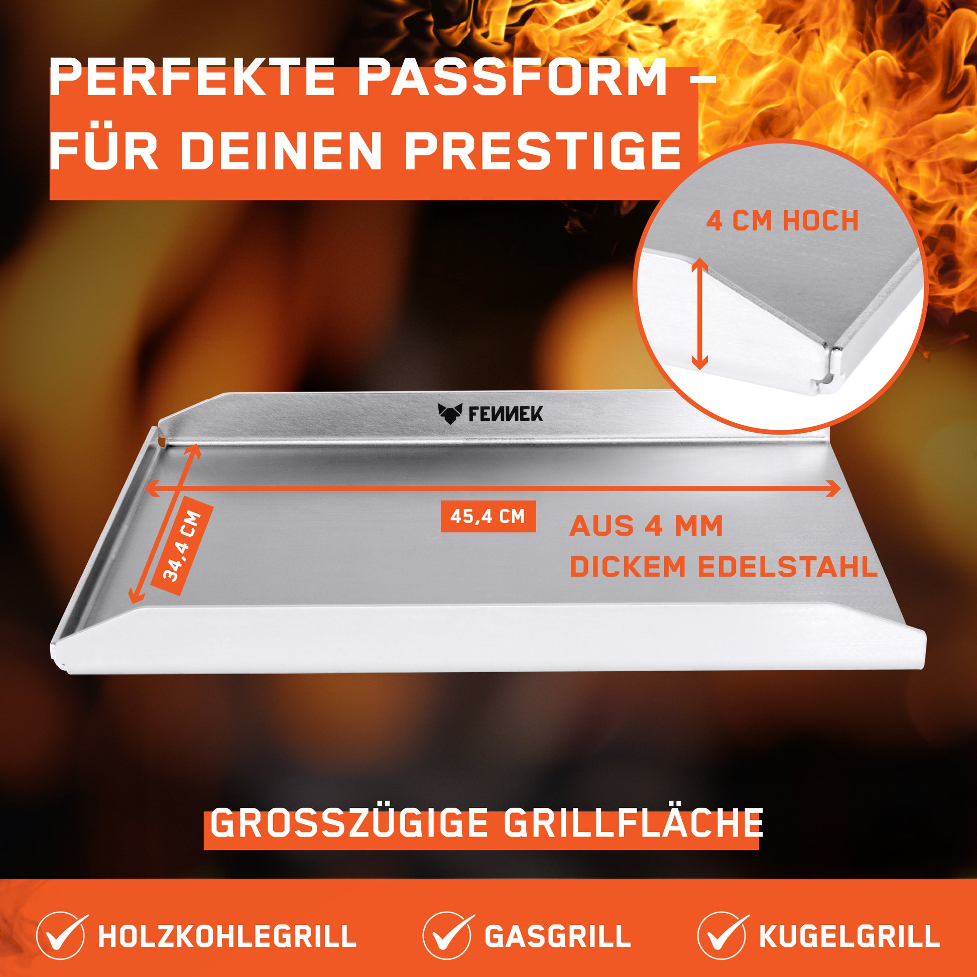 Die FENNEK Plancha für Napoleon 45,4 x 34,4 cm hat durch die abgeschrägte Hinterkante die perfekte Passform für den Napoleon Prestige Gasgrill. Made in Germany und aus 4 mm dickem Edelstahl.