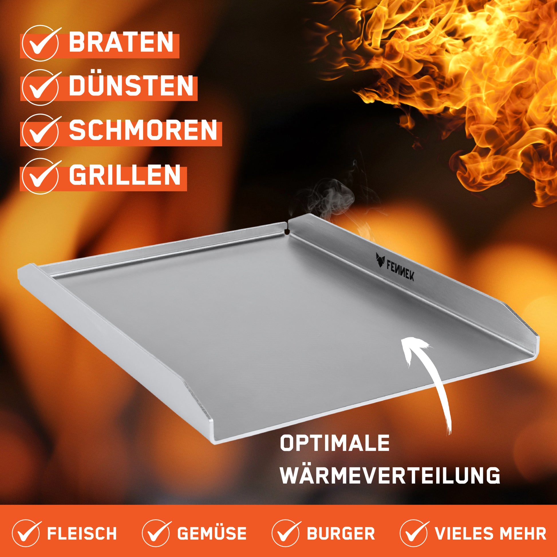 Bild zeigt die FENNEK Plancha für Napoleon 45,4 x 34,4 cm mit abgeschrägter Hinterkante. Sie ist geeignet zum Braten, Dünsten, Schmoren und Grillen. Durch ihre optimale Wärmeverteilung ist sie geeignet für Fleisch, Gemüse, Burger und vieles mehr. Hergestellt in Deutschland überzeugt sie von Qualität.