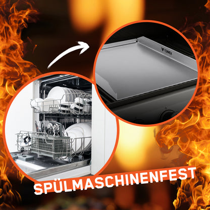 Bild zeigt, dass dieFENNEK Plancha für Napoleon 45,4 x 34,4 cm mit abgeschrägter Hinterkante auch spülmaschinenfest ist. Nach Entfernung grober Grillreste kann man sie einfach in die Spülmaschine stellen.