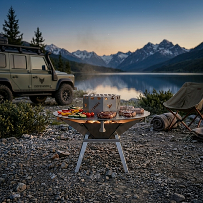 Szenebild zeigt die FENNEK Feuerschale Oktagon auf einem Kiesbett stehend. Im Hintergrund ist ein See mit Bergen dahinter und ein Geländewagen. Die Oktagon wurde mit den optionalen Füßen, den Abstandshaltern und der 55er Feuerplatte zu einem mobilen Grill erweitert. Zusätzlich wurde mit der Feuerplatte der passende Wok-Aufsatz und der Grillrost kombiniert.